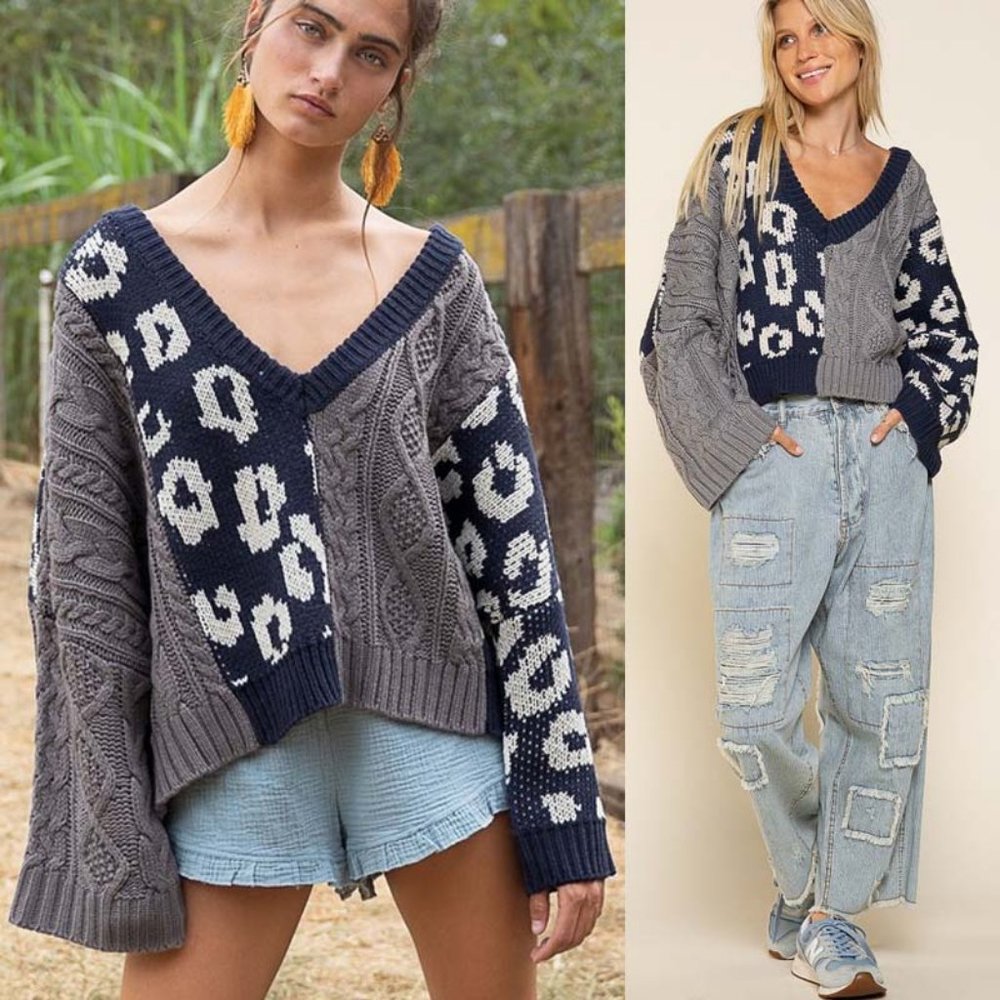 NEW POL Mix Leopard Cable Knit Deep V Neck Oversize Slouchy Pullover Sweater Top
